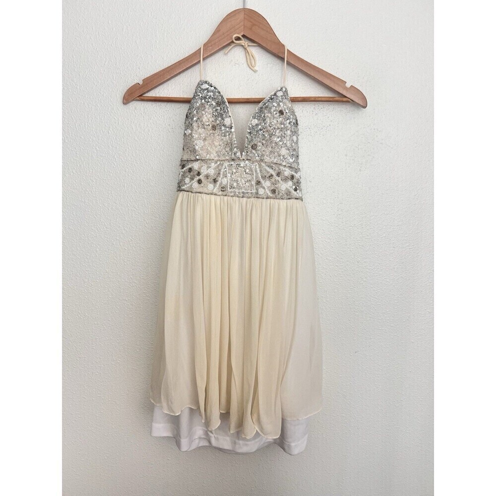 VTG Mac Duggal Couture Sequin Beaded Silk Dress XS Empire Waist Baby Doll